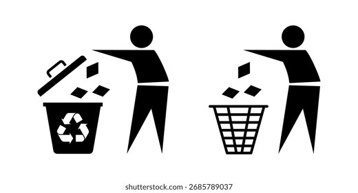 Flat vector icons showing trash throwing into bin recycling symbol