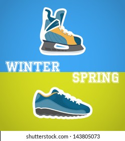 flat vector icons Sneakers and skates. Winter and summer