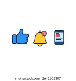 Flat vector icons of social app notification, including thumbs up, alert bell, and phone, great for marketing, communication, and tech-related content	
