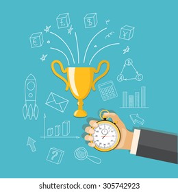 Flat  vector icons of stopwatch in the hand and winner cup with hand drawn symbols on the blue background. EPS 10