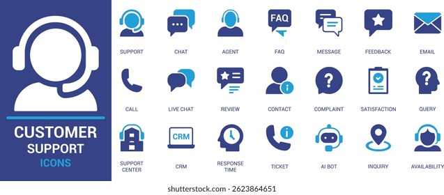 Flat vector icons of support, chat, email, FAQ, CRM, feedback, agent, ticket, and AI bot for helpdesk, customer care, UI and UX, and web use.


