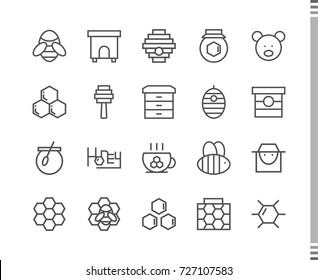 Flat vector icons with a thin line. Set for mobile applications. Honey and beekeeping
