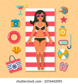 flat vector icons for vacation on beach with sunbathing girl