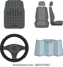 Flat vector icons of vehicle interior accessories. A collection of car interior items including a rubber floor mat, grey car seat, steering wheel, and a folded sunshade on a grey background. Ideal for automotive catalogs or manuals.