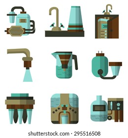 Flat vector icons of water filters. Filters for water factories, water filters at home, pitchers with filters and other components for business and logos