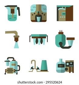 Flat vector icons of water filters. Filters for water factories, water filters at home, pitchers with filters and other components for business and logos