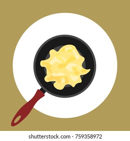 Flat Vector Iilustration With Scrambled Eggs In A Pan.