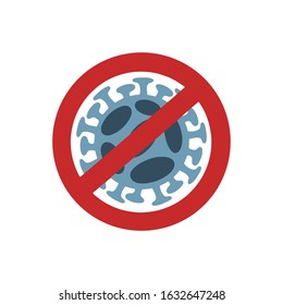 Flat vector illlustration blue  Coronavirus and red sign stop isolated on white background. Global epidemic of 2019-nCoV. Coronavirus caution concept. Dangerous outbreak of disease.