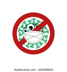 Flat vector illlustration green  Coronavirus with white medical face mask, red sign stop isolated on white background. Global epidemic of 2019-nCoV. Coronavirus caution concept. Dangerous outbreak 
