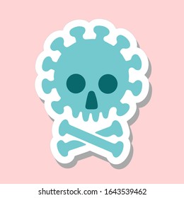 Flat vector illlustration sticker  green skull , crossed bones Coronavirus  isolated on pink background. Global epidemic   of 2019-nCoV Coronavirus caution concept. Dangerous outbreak of disease.