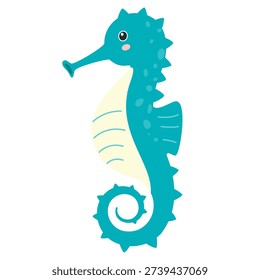 flat vector illstration of teal cartoon seahorse 
