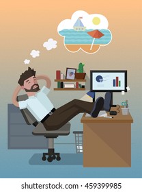 flat  vector illustrate with worker, who dreams about the sea and weekend, worker sitting at a table , creative idea , freelancer,holidays, sea
