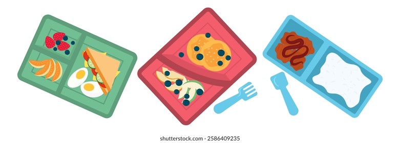 Flat Vector Illustrated Healthy and Balanced Meals. Breakfast, Salad and Light Meals set