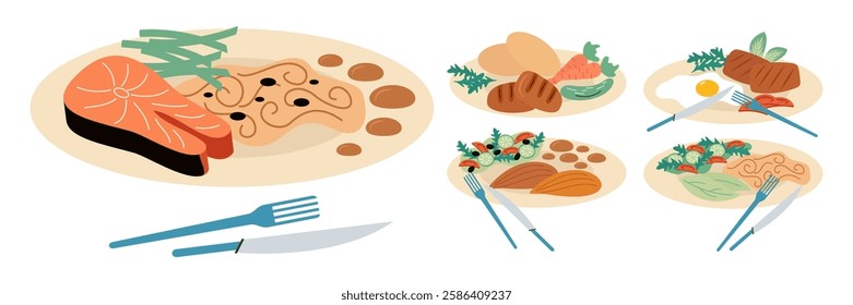 Flat Vector Illustrated Healthy and Balanced Meals. Breakfast, Salad and Light Meals set