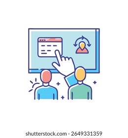 Flat vector illustrates a digital interface with a finger pointing and user icons, conveying user feedback adapting the system.