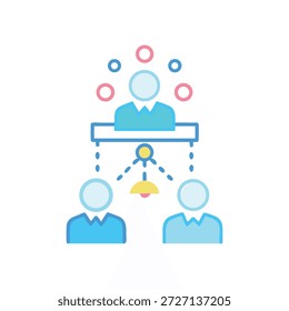 Un Vector plano ilustra la estructura jerárquica del negocio con un líder que coordina a dos subordinados. Representación simbólica del flujo de trabajo y la dinámica de supervisión.