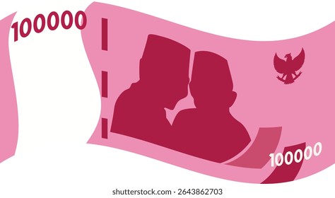 Ilustración vectorial plana de 100.000 rupias de billetes indonesios con dos siluetas. Ideal para diseños digitales de finanzas, moneda, economía o dinero.