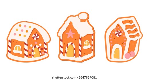 Flat vector illustration of 3 gingerbread houses decorated with icing and candies