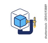 A flat vector illustration of a 3D blue cube being squeezed by a metal C-clamp tool, representing pressure, stress, or data optimization.
