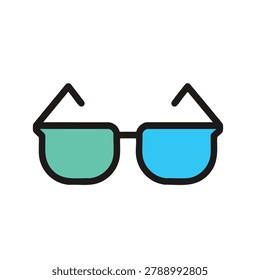 A flat vector illustration of 3D movie glasses featuring distinct green and blue lenses isolated on a white background