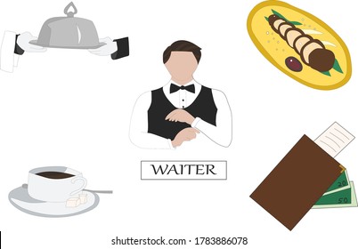 Ilustración vectorial plana sobre la profesión de camarero. Equipo de camarero. 