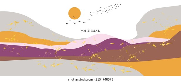 Flat vector illustration. Abstract art wallpaper for prints, art decoration, wall arts and canvas prints. Mountain concept with sunset and birds.
Minimalist style of execution.