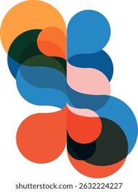 Flat vector illustration of abstract bubbles and liquid shapes in blue, orange, and and pink