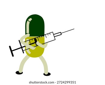 Ilustración vectorial plana del carácter abstracto que sostiene la jeringuilla, el concepto médico y de la vacunación en estilo simple