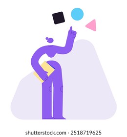 Flat vector illustration of abstract female, standing with documents and counting different items and forms. Full body character for accounting, multitasking and management concept. 