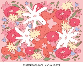 Flat Vector Illustration of abstract Flowers; vibrant floral pattern with red, white, yellow, pink blossoms and green leaves; isolated composition for holidays like Valentine's Day or March 8