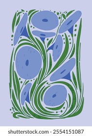 Flat vector illustration. Abstract flowers and leaves with botanical elements in soft colors. Art Nouveau style. Concept of nature, freshness, and plants. Decorative design with pastel tones.