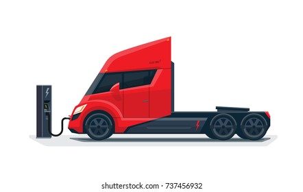 Flat vector illustration of a abstract futuristic red electric semi trailer truck in modern design with sleeper cabin charging at the charger station. Isolated on white background in cartoon style. 
