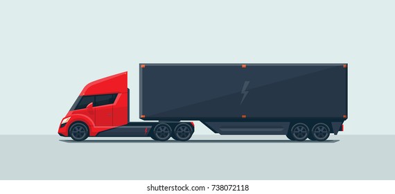 Flat vector illustration of an abstract futuristic red electric semi trailer truck with trailer in modern design with sleeper cabin. Electrifying the long-haul semi-tractor concept. 