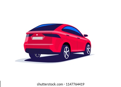 Flat Vector Illustration Of An Abstract Modern Red Suv Car. Back View. Isolated On White Background.