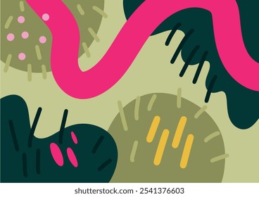 Flat vector illustration with abstract organic shapes, dynamic lines, and vibrant colors. Modern and playful, perfect for creative backgrounds, posters, and digital decor.