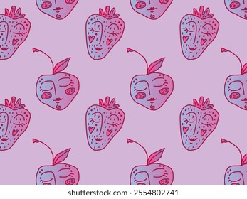 Flat vector illustration of abstract strawberries with faces. Each strawberry has a unique face expression. The background is purple with a minimalistic design.