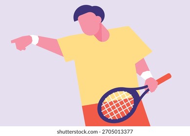 Flat vector illustration of abstract tennis player in action pose. Geometric sports art, dynamic energy.