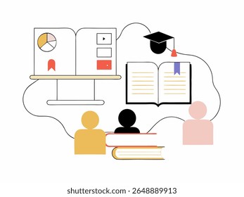 Flat vector illustration of academic resources and online education. Shows students, books, graduation caps, and digital devices for learning and knowledge access.