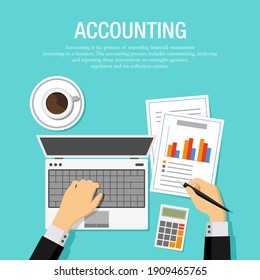 Flat vector illustration of an accountant checking financial statement with laptop and paper. Suitable for background design from financial service and planning companies. Top view from office desk.