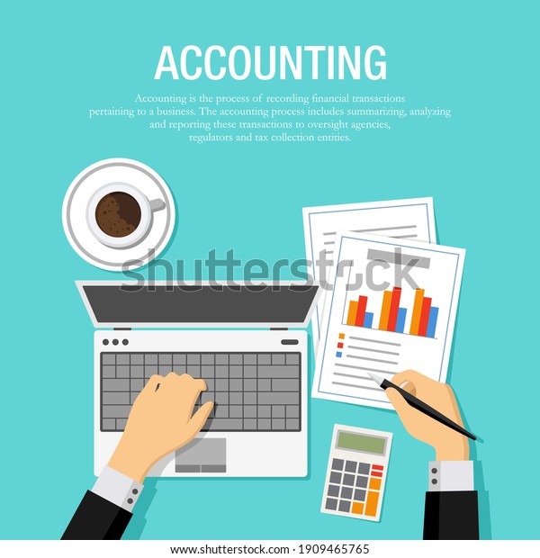 Flat vector illustration of an accountant checking\
financial statement with laptop and paper. Suitable for background\
design from financial service and planning companies. Top view from\
office desk.