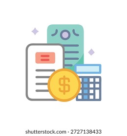 Ilustración vectorial plana de herramientas contables: calculadora, moneda y documentos financieros. Diseño limpio y moderno con una paleta de colores vibrantes.
