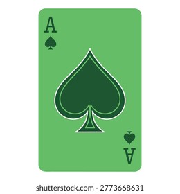 A flat vector illustration of an ace of spades playing card featuring a green background with dark green spade symbol and text