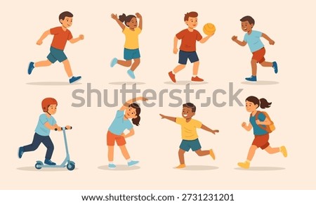 Flat vector illustration of active children performing different physical activities. Kids running, jumping, playing with a ball, riding a scooter, stretching and carrying a backpack. Concept of healthy childhood, physical activity, movement and outdoor play.