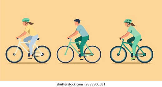 Flat vector illustration of active cyclists riding bikes, men and women wearing helmets for urban commuting and outdoor fitness, sustainable lifestyle concept