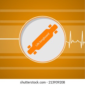 Flat vector illustration for active lifestyle. Longboard. Flat vector illustration of longboard which gives a life on striper orange background.