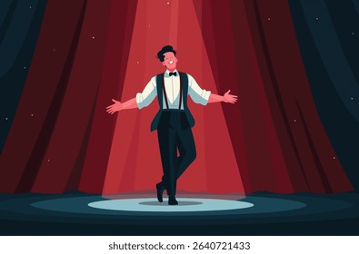 Flat Vector Illustration Actor Stage Spotlight Red Curtains Expressive Pose Performing Arts