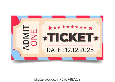 Ilustración vectorial plana de un ticket de admisión. Perfecto para su uso en promociones de eventos, diseños de conciertos, carteles de festivales, entretenimiento o pases de entrada