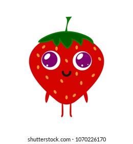Flat vector illustration of adorable red strawberry with smiling face isolated. Cute happy berry cartoon kawaii style. Red ripe delicious happy strawberry mascot character icon. Organic food symbol
