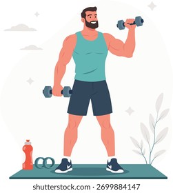 Ilustração de vetor plano de adultos que se exercitam com halteres durante uma aula de fitness. Perfeito para ginástica, treino, treinamento, esportes e conceitos de estilo de vida saudável.