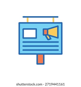 Ilustración vectorial plana del Anuncio publicitario con el icono del altavoz. Colores azul y amarillo. La composición es limpia, sencilla y moderna.